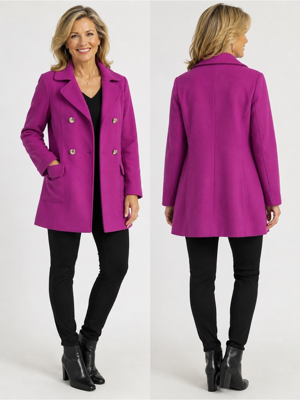 Haute Monde NWT Pink Purple Magenta Fuchsia Double Breasted Pea Coat Size Small